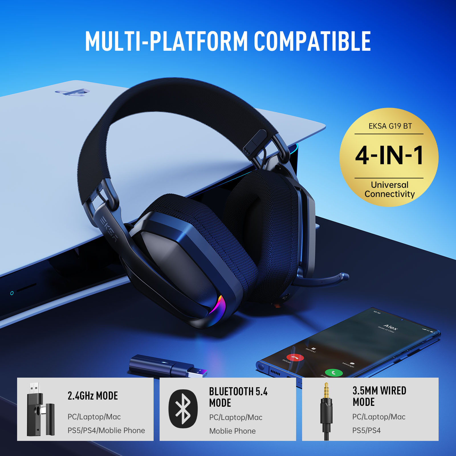 EKSA G19BT 2.4GHz Wireless Gam - Type C Wired Earphones With Mic 评论和价格